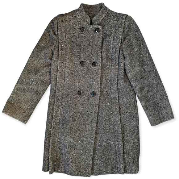 Vintage Coat Tweed Nordstrom Double Breasted Chevron Black Gray Women's Size M - Picture 1 of 10